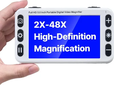 Immagine prodotto di Lente d'ingrandimento digitale - Ausilio elettronico alla lettura - Display HD da 12,7 cm - Zoom 2-48x - Fotocamera da 13 MP vicino/lontano - 26 modalità colore - Uscita HDMI/AV - Impugnatura ribaltabile