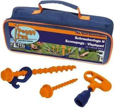 A kit of screw pegs and a carrying bag, displayed on a white background.