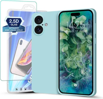 Produktbild von Hülle für Apple iPhone 16 Plus mit 9H Displayglas Displayschutz Plus Case Cover Bumper Silikon Softgrip Schutzhülle Farbe: Hellblau