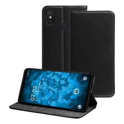 A black flip case for a smartphone is shown open, with the phone displaying its screen.