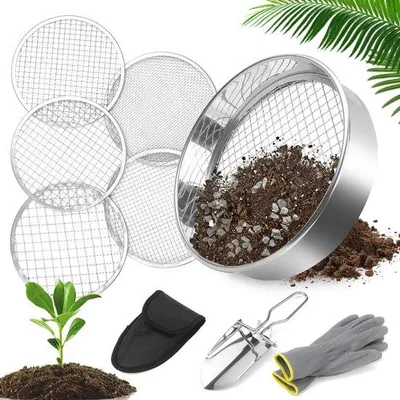 Produktbild von Unyqoos Edelstahl Gartensieb mit 5 austauschbaren Einsätzen für optimale Bodenbearbeitung