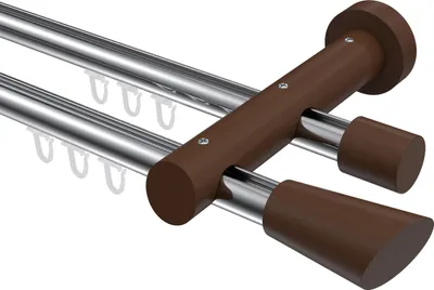 Produktbild von Interdeco Innenlaufstange / Gardinenstange mit Innenlauf Chrom / Nussbaum lackiert, Typ Talent Bero (Konus Schräge), 20 mm Ø 2-läufig, 140 cm