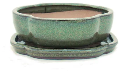 Obrázek produktu pro Miska na bonsaje s podšálkem, velikost 2, olivově hnědá, haitang/oválná, model I5, délka 14,5 cm, šířka 12,5 cm, výška 5 cm