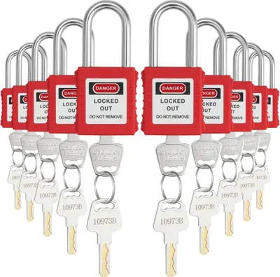 Produktbild von Lockout-Tagout-Schloss-Set - 10 rote Sicherheits-Vorhängeschlösser - OSHA-konform - beschreibbare Etiketten - industrielle Sicherheitslösungen