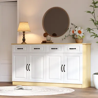 Immagine prodotto di Credenza Merax con 4 ante e 4 cassetti, cassettiera dal design scanalato, mobile da soggiorno in MDF con ripiano, cucina, ingresso, finitura naturale