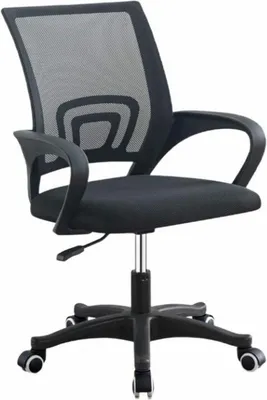 A black office chair with a mesh back and armrests, shown from the front on a white background.