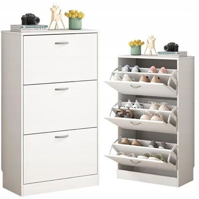 Two white shoe cabinets are displayed against a white background. The cabinet on the left is closed, while the cabinet on the right has its doors open, revealing shoes inside.