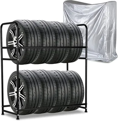 Produktbild von Reifenregal 8 Reifen, Reifenständer 107 x 46 x 117cm,Felgenbaum für Autoreifen Ladekapazität 180kg,Felgenregal mit Reifenschutzhülle,Höhenverstellung Lagerregale für Reifen,für Garage Keller