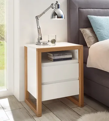 Produktbild von Nachttisch Boxspringbett weiß Lack und Eicher massiv Nachkonsole Facil mit Schubladen 40x60 cm