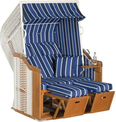 Produktbild von Strandkorb 250 Plus 2-Sitzer XL, Halblieger Ostseeform, Geflecht weiß, Strukturpolyester blau-weiß-gestreift, Fichtenholz lasiert, ca.145x90x160