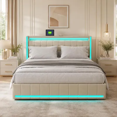 Image de INONEFT Lit double avec rangement, 160x200 cm, lit tapissé avec 4 tiroirs, lit pour adolescents avec éclairage LED USB et Type-C, lit avec sommier à lattes, couleur beige lin, productTiles.product.images.aiGenerated