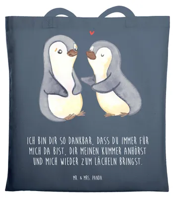 Produktbild von Mr. & Mrs. Panda Jutebeutel Pinguine trösten - Indigo Blue - Geschenk, für Partner, Freundin, Hochzeitstag, Laptoptasche, Schultasche, Shopping Tasche, Frauen, Freund