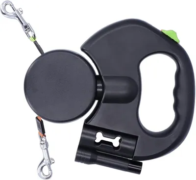 Productafbeelding van Hondenriem dubbel, 2 honden, voor wandelen, reflecterend nylon, met zakdispenser en zaklamp