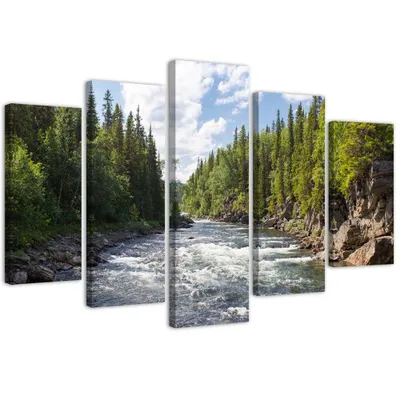 Produktbild von 5-teiliges leinwandbild fluss im wald 100x70 cm Feeby grün wandbild bereit zum aufhängen