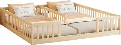 Produktbild von Kinderbett mit 2 Liegeflächen, Lattenrost und Rausfallschutz, 90x200cm/90x200cm, Holzbett, Kiefer