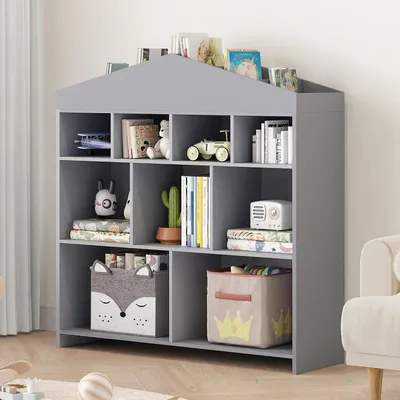 Produktbild von Kinderregal Haus natur 100x30x104 cm Kinderbücherregal Hausform Bücherregal für Kinderzimmer Aufbewahrung