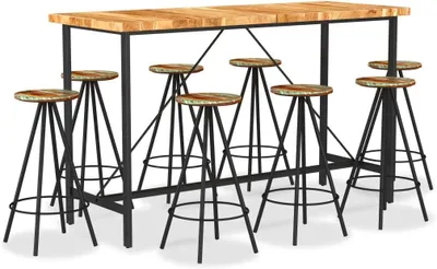 Produktbild von 9-teiliges Barensemble aus massivem Akazien- und Altholz mit Stahlbeinen im Industrie-Look für Bartisch und Barhocker, handgefertigte Möbelgarnitur für Wohnzimmer und Restaurant