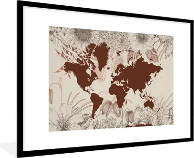 Produktbild von MuchoWow® MuchoWow® Gerahmtes Poster Weltkarte - Blumen - Rot 90x60 cm - Poster mit zchwarzem Bilderrahmen - Wanddekoration - Fotos