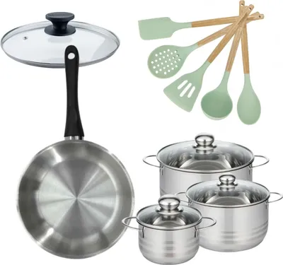 Image de Batterie de cuisine avec 3 faitouts 16/20/24 cm et 1 poêle 28 cm avec 6 ustensiles de cuisine Fackelmann Généva Brillant Ocean avec couvercles