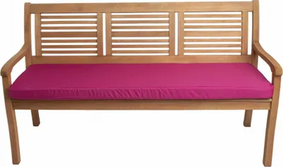 A wooden bench with a pink cushion, shown against a white background.