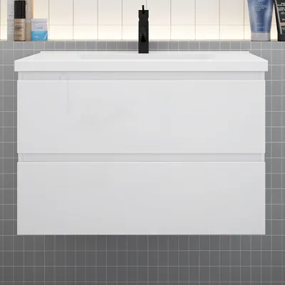 Produktbild von Badmöbel Set HUTI-Serie 80cm Keramik Waschbecken mit Unterschrank Badezimmermöbel mit 2 Schubladen Hochglanz Weiß Hängeschrank