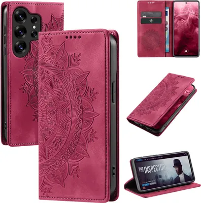 Produktbild von Mandala Handyhülle für Samsung Galaxy S25 Ultra RFID Schutz Klapphülle Case Cover Design Schutzhülle Farbe: Magenta Rot