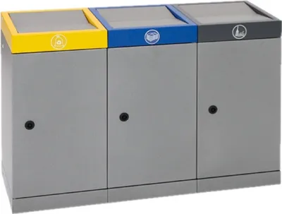 Produktbild von Abfallsammler mit nach unten öffnendem Doppel-Schwingdeckel | 3x30 Liter, HxBxT 60x91x30cm | Feuer- & Geruchshemmend | Graualu/Signalgelb/Enzianblau/Anthrazitgrau