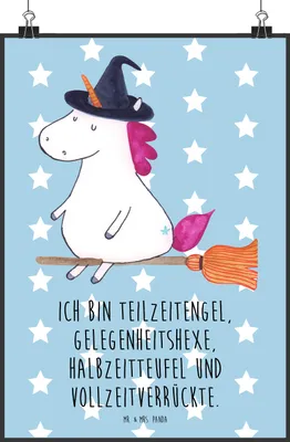 Produktbild von Mr. & Mrs. Panda Bild Einhorn Hexe DIN A2 - Blau Pastell - Geschenk, Unicorn, kunstdruck poster, Freundin, Plakat, Einhörner, Teufel, Wandbild, drucke, Frau, wanddeko