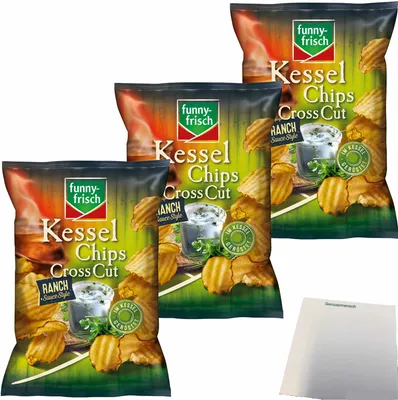 Produktbild von funny-frisch Kesselchips Cross Cut Ranch Sauce Style Kartoffelchips 3er Pack (3x120g Packung) + usy Block