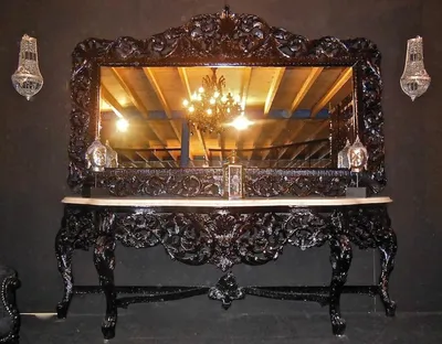 Produktbild von Riesige Casa Padrino Barock Spiegelkonsole Schwarz mit weißer Marmorplatte - Luxus Wohnzimmer Möbel Konsole mit Spiegel