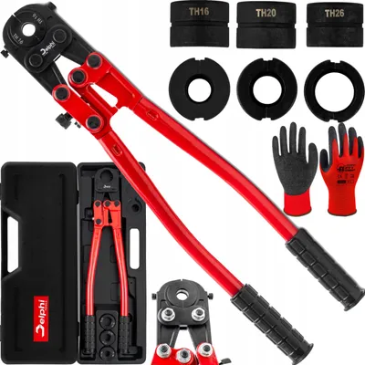 Immagine prodotto di Pinze crimpatrici meccaniche per tubi PEX, da 16 a 26 mm, con 3 ganasce TH, fornite in valigetta