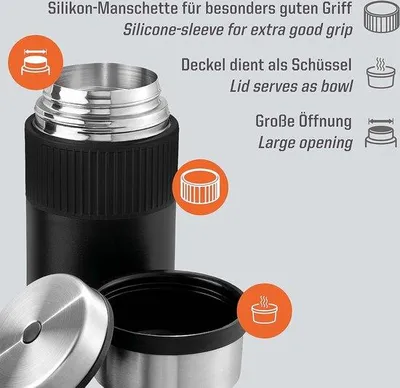 Produktbild von Thermos 1000 ml in Schwarz mit Manschetten aus Edelstahl - für warme und kalte Mahlzeiten