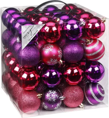Produktbild von 64 Christbaumkugeln Kunststoff 6cm, Farbe:Pink-Purple