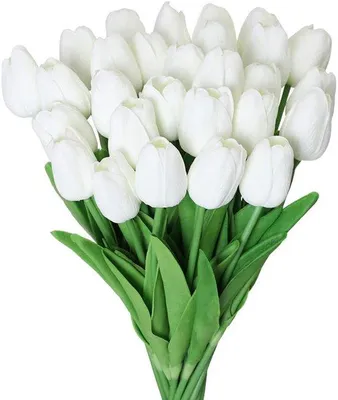 Image de 10 tiges décoratives de tulipes artificielles pour vase, mariage, fête, maison - 33 cm - blanc