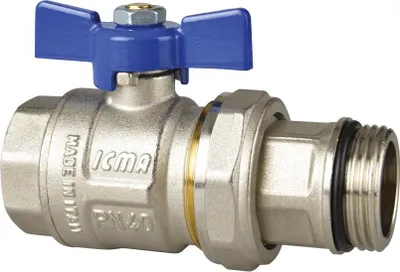 Produktbild von Messing-Winkel-Kugelhahn m. Flügelgriff m. Überwurfverschraubung 3/4" IG/AG Blau