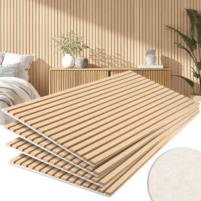 Produktbild von Eikuavons 4er Set Akustikpaneele 120×60 cm, Weißeiche 337S, hellbeiger Filz, MDF-Lamellen, NRC 0,8