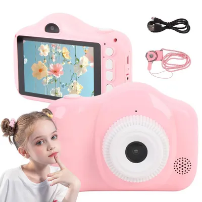 Image de Appareil photo numérique pour enfants 28 MP, écran 3,5 pouces, mini appareil photo compact, selfie, format de poche, rose, 32 Go, double objectif, autofocus