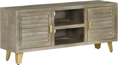Produktbild von Camerina TV-Schrank Grau mit Messing 110 x 30 x 48 cm Wohnwand Wohnzimmer Fernseher Schrank TV MöBel TV Sideboard TV Unterschrank Mangoholz Massiv