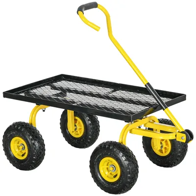 Image de Outsunny Chariot de transport jardin remorque à main charrette à bras 4 roues 94L x 48,5l x 100H cm charge max. 150 Kg métal jaune