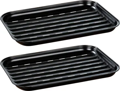Two black grill trays are shown side-by-side against a white background.