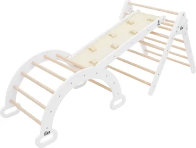 Zdjęcie produktu dla Trójkąt wspinaczkowy Joyz 3w1 ze zjeżdżalnią i łukiem wspinaczkowym, naturalny biały, wykonany z drewna, drabinka Montessori dla dzieci w wieku od 2 lat