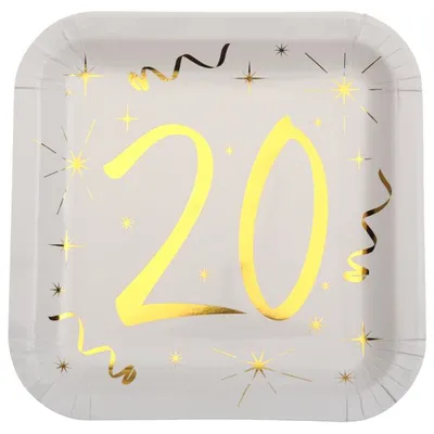 Produktbild von 10 Papp-Teller Geburtstag 20 weiß-gold