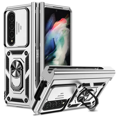 Obrázek produktu pro Pouzdro pro Samsung Galaxy Z Fold 4 5G dvouvrstvé pouzdro s posuvným krytem kamery a prstencovým stojánkem Stříbro