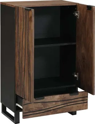 A product shot of a wooden cabinet with its doors open.