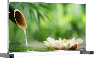 Produktbild von Wallario XXL Outdoor-Poster für Garten oder Balkon, Motiv Seerosen und Bambus auf dem Wasser, in ca. 340 x 173 cm