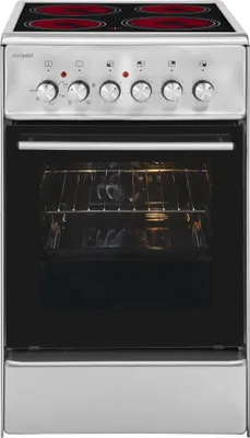 A front view of a freestanding electric stove with a glass-ceramic cooktop and an oven.