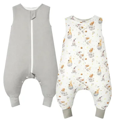 Productafbeelding van 2-delige set baby slaapzakken met voetjes, 1.0 Tog - 100% katoen, schattige designs - fantasiebeer + grijs, 70 cm