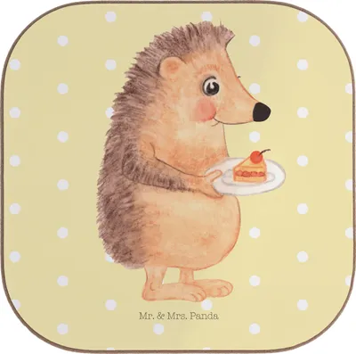 Produktbild von Mr. & Mrs. Panda Tassenuntersetzer Igel Kuchenstück - Gelb Pastell - Geschenk, Untersetzer Glas, Tassen, für Gläser, Kuchen, Einladung Party, Tischuntersetzer, Backen