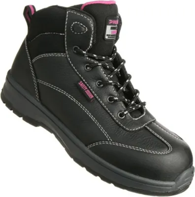 A single black safety boot with pink accents and white stitching, shown against a white background.