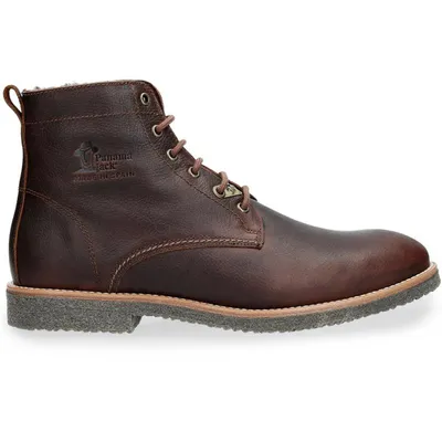 A single brown leather boot is shown against a white background.